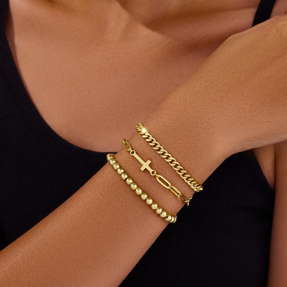 Gold Cross Bracelets Set for Women Dainty Religious Jewelry Christian Gifts - Picture 3 of 7
